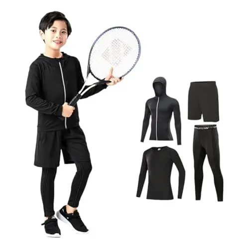 Produktbild: 4 Stück Thermounterwäsche Kinder Funktionsunterwäsche Kinder Skiunterwäsche Kinder Thermounterhemd Thermounterhose Shorts Sweatjacke Winter Warm Atmungsaktiv Sportunterwäsche für Fussball Ski