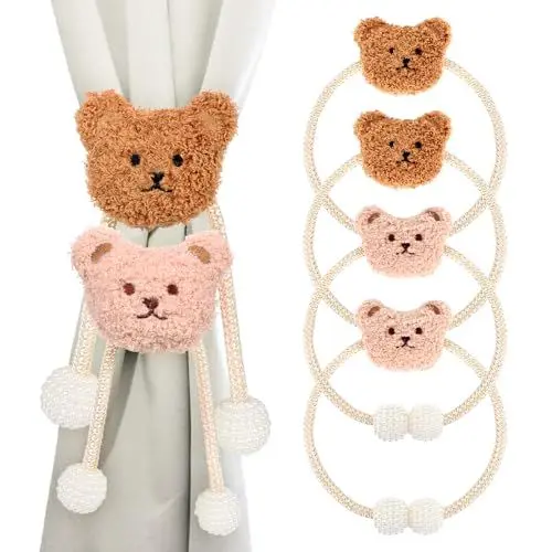 Produktbild: Sumotia 4 Stück Vorhang Raffhalter, Cartoon Bär Gardinenclips Raffhalter Seil, Niedliche Bär Vorhanghalter, Gardinen Raffhalter Haken Ringe für Haus Kinderzimmer Dekoration, DE-0291-004