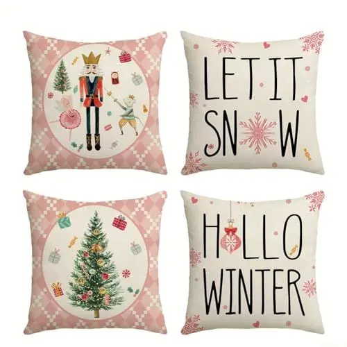 Produktbild: 4 Stück Weihnachtskissenbezüge,45 * 45 Cm Rosa Weihnachtskissen Covers,Kissenbezug Weihnachten Kissenhülle,Für Weihnachtsdeko Sofa Decorations