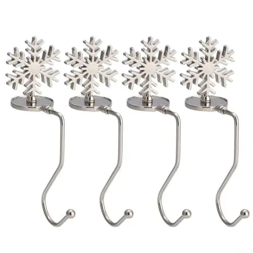 Produktbild: 4 Stück Weihnachtsstrumpfhalter Kaminhaken Aufhänger Weihnachtsstrumpf-Clips Schneeflocke, Weihnachtsbaum, Rentier und Schneemann Metallgriff Clips für Weihnachtsstrümpfe (Schneeflocke)
