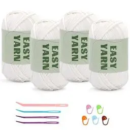 Produktbild: 4 Stück Weißes Garn, Häkel- und Strickgarn für Anfänger, gut Sichtbare Maschen, Grobes, Dickes Baumwoll-Nylon-Mischgarn, Garn Zum Häkeln mit Häkelzubehör (4 X 50 g)