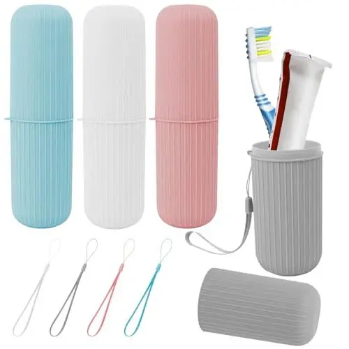 Produktbild: 4 Stück Zahnbürsten Etui, Zahnputzbecher Reiseetui, Zahnbürstenbehälter, Tragbarer Zahnbürsten-Organisator mit Kabel zum Ausgehen, Zuhause, Camping, Wandern, Reisen(Grau Rosa Grün Weiß)