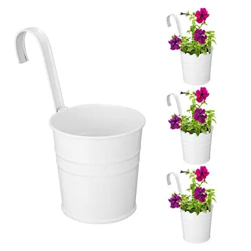 Produktbild: 4Stück Hängende Blumentöpfe Metall Eisen Eimer Übertopf Metall Eimer Blumenhalter mit Haken Indoor Outdoor für Geländer Zaun Balkon Garten (Weiß)