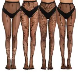 Produktbild: Wekuw Halloween Netzstrümpfe, 4 Paar Netzstrumpfhose Schwarz Fischnetz Strumpfhose Damen Schädel Spinnennetz Muster für Karneval, Mottoparty
