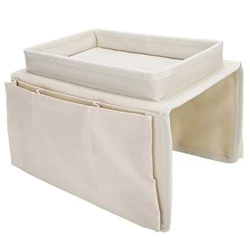 Produktbild: 4 Taschen, Sofa, Armlehne, Organizer mit Getränkehalter, Tablett, Stuhl, Arm, TV-Fernbedienung, Halter für Liege, Couch, Sessel, Caddy, Nachtaufbewahrungstaschen, Tasche für Handy, Tablet,(Beige)