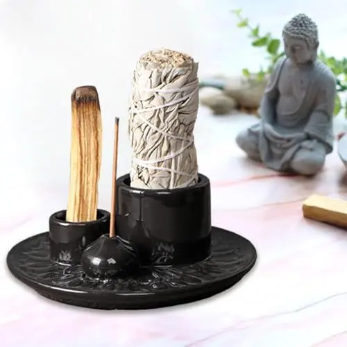 Produktbild: 4 in 1 Räucherschale für jedes Räucherwerk, Räucherstäbchen, Palo Santo, Weißer Salbei, Räucherstäbchen und Kerzenhalter, Keramik Aschefänger Tablett für Meditationsraum Yoga (Schwarz)