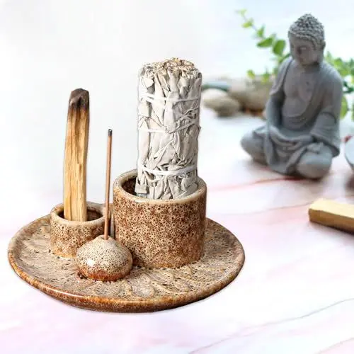 Produktbild: 4 in 1 Räucherschale für jedes Räucherwerk, Räucherstäbchen, Palo Santo, Weißer Salbei, Räucherstäbchen und Kerzenhalter, Keramik Aschefänger Tablett für Meditationsraum Yoga (Alt)