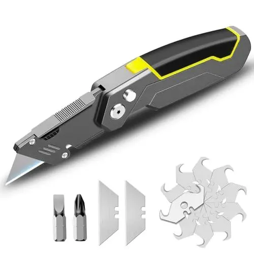 Produktbild: 4 in 1 Universalmesser, Portabel Teppichmesser, zusammenklappbares Gebrauchsmesser mit Klingenaufbewahrungsdesign für Kartons und Schachteln (Inklusive 2 Trapezklingen und 10 Hakenklingen)