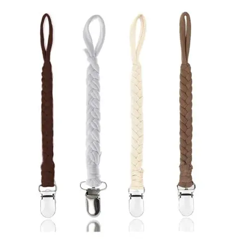 Produktbild: Schnullerketten Baumwolle Schnullerketten, 4pcs Baby Schnullerkettenclips, Schnullerketten für Mädchen und Jungen, Schnuller, Geflochtene Schnullerkette (Tiefer Kaffee/Beige/Grau/Hellbraun)