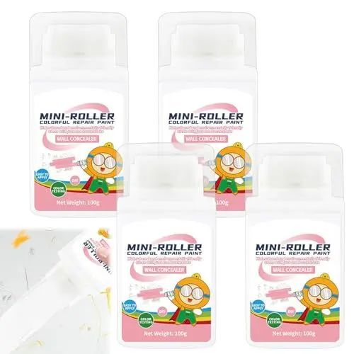 Produktbild: 4 x 100g Wandreparatur Rollbürste mit Wandreparaturpaste, Wandfarbe Ausbessern Weiß mit Roller Ausbesserungsfarbe Weiss Wandreparatur Creme Spachtelmasse Reparieren Sie Graffiti, Kratzer, Flecken