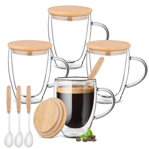 Produktbild: 4 x 350ml Doppelwandig Gläser mit Deckel, Löffel, Latte Macchiato Gläser, Cappuccino Tassen, Eiskaffeebecher, doppelwandiger Kaffeebecher, Teebecher hitze- und kältebeständig - Borosilikatglas