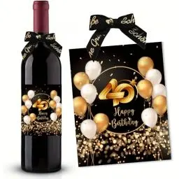 Produktbild: 40. Geburtstag Flaschenetikett mit Schleife Schwarzes Gold Lack veredelt 10x12,7cm Happy Birthday 40 - Geburtstagsdeko Geburtstagsgeschenk Geschenke für Frauen Männer