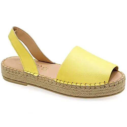 Produktbild: 40 Gelb Emmanuela Leather Slip on Espadrilles, Sommerschuhe mit mittlerem Keilriemen für Damen, hochwertige Peep Toe Espadrilles, vollständig handgefertigt und handgenäht in Griechenland