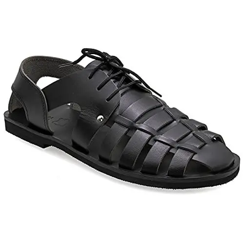 Produktbild: 40 Schwarz Emmanuela Fischer Sandalen für Herren mit Schnürsenkeln, handgefertigte Ledersandalen aus Leder im antikem griechischem Stil, hochwertige Riemchensommerschuhe in Schwarz, Braun, Beige