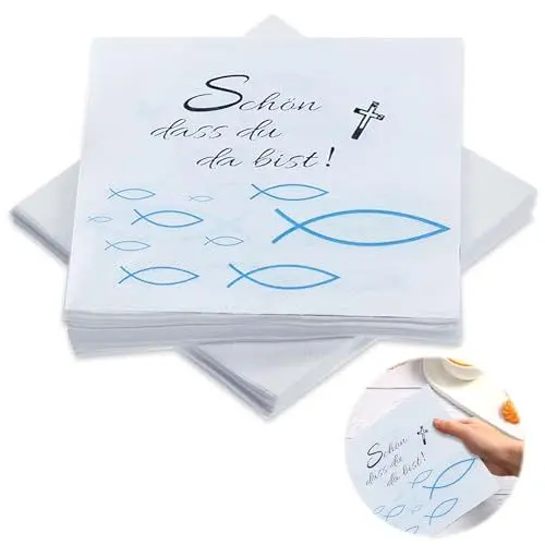 Produktbild: 40 Servietten Taufdeko Tisch Deko, 33x33 cm Servietten Kommunion 'Schön, DASS du da bist!', Servietten Taufe Fisch Blau für Konfirmation Kommunion Taufe Tischdeko