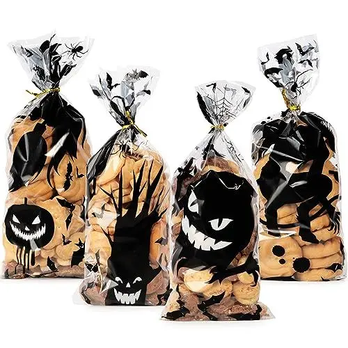 Produktbild: 40 Stück 4 Designs Halloween Geschenktüten Beutel Taschen Süßigkeiten Tüten Candy Bags Bonbontüten Partytüten Zellophantüten Dekoration Geschenke für Partys Süßigkeitentüten (Transparent)