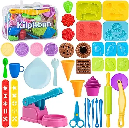 Produktbild: 40 Stück Knetwerkzeug, Form, Schere, Nudelholz mit Aufbewahrungstasche, Spielen Spielknete Knetspaß für Kinder Jungen Mädchen