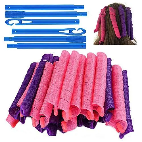 Produktbild: 40 Stück Lockenwickler Spiralcurls, DIY Lockenwickler über Nacht Keine Hitze mit Styling Haken, Lockenwickler Rollen Haarstyling Werkzeuge für Damen (Lila und Pink, 55cm)
