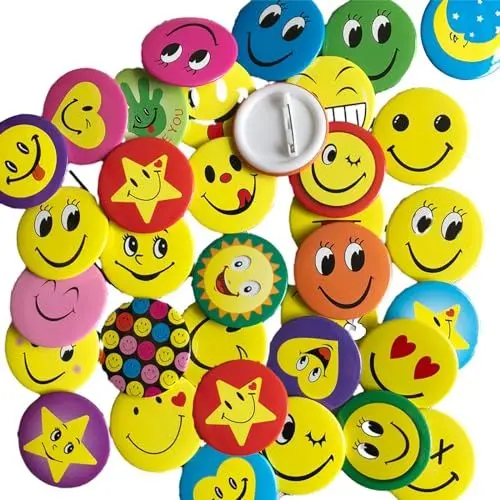 Produktbild: 40 Stück Smiley Pins Anstecker,Smile Face Anstecker Metall Buttons,Smile Buttons Anstecker, Individuelles Paket Smile Pin für Auszeichnungen Studenten Dekoration der Kostüme,45mm