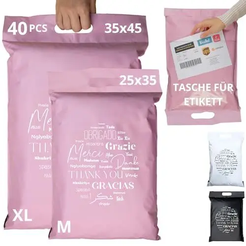 Produktbild: EMBALLAX - 40 Versandtaschen MIT TASCHE FÜR VERSANDETIKETT - 2 Größen M/XL - WIDERSTANDSFÄHIG/WASSERDICHT - Versandtüten für Kleidung - Warensendung Umschlag für Kartons - Versandbeutel - Danke