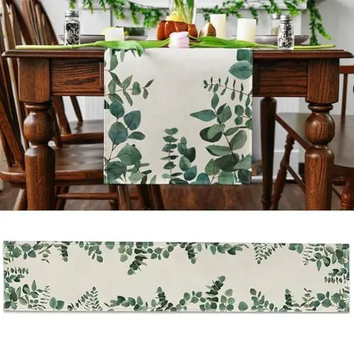 Produktbild: 40 x 140 cm Eukalyptus Sommer Tischläufer, Tischläufer Eukalyptus, Modern Grün Eukalyptus Sommer Tischläufer, Pflanzen Tischläufer für Esstisch Dekor, Hochzeit, Küche, Drinnen, Draußen, Party