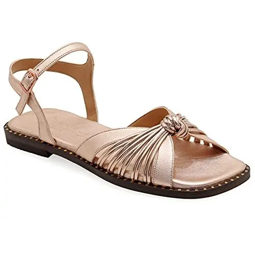 Produktbild: 41 Roségold Emmanuela Bequeme flache Ledersandalen, hochwertige, elegante Sandalen mit Knöchelriemen im griechischen Stil, Gladiator Boho-Chic Riemchensandalen mit offenen Zehen