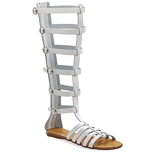 Produktbild: 41 Weiß Emmanuela Altgriechische handgefertigte Gladiatoren Sandalen aus Leder, kniehohe Sandalen mit hinterem Reißverschluss am Schaft, flache Sommerschuhe mit Riemchen für Damen