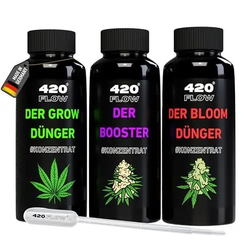 Produktbild: 420Flow Cannabis Dünger-Try Set: Grow, Bloom & Booster – Komplettset für Anfänger, stärkt Blätter, fördert prächtige Blüten & maximiert Geschmack, Einfach zu verwenden (250ml)