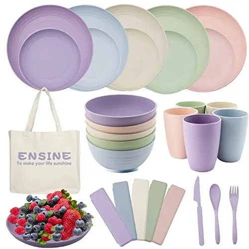 Produktbild: 41-Teilig Campinggeschirr-Set, ENSINE Premium Plastikgeschirr Sets mit Tragetasche, Unzerbrechlich Picknick Geschirr für 5 Personen Leicht, 100% Sichere Kunststoffteller, Tassen, Schalen & Besteck Set