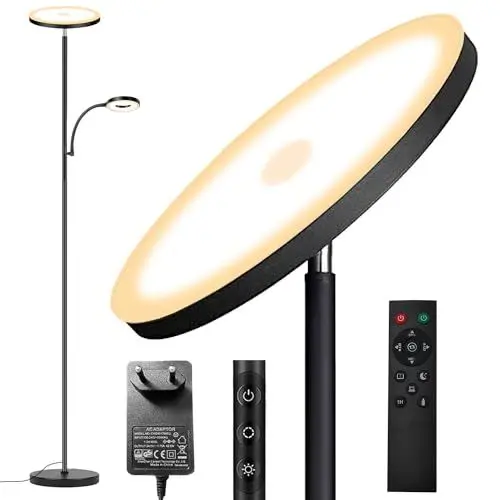 Produktbild: 42W Stehlampe Wohnzimmer, 4200LM LED Deckenfluter mit Leselampe 2700K-6500K Stufenloses Dimmen , Fernbedienung und Touch-Steuerung, Moderne Dimmbar Standleuchte für Wohnzimmer Schlafzimmer Büro