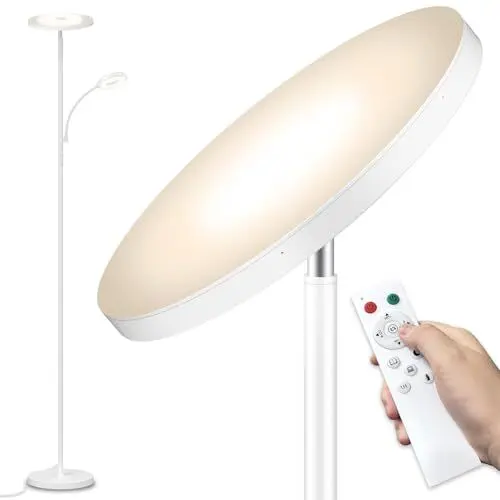 Produktbild: 42W Stehlampe Wohnzimmer Weiß, 4200LM LED Deckenfluter mit Seitenleuchten 2700K-6500K Stufenloses Dimmen , Fernbedienung und Touch-Steuerung, Moderne Dimmbar Stehlampe für Wohnzimmer Schlafzimmer Büro