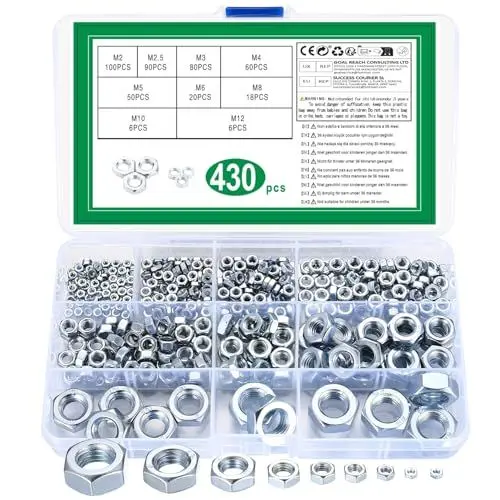 Produktbild: 430 STK Sechskantmuttern, Sicherungsmuttern, Sechskant Muttern, Sechskantmutter Set, Selbstsichernde Stopmuttern für Schrauben Unterlegscheiben Gewindestangen, M2 M2.5 M3 M4 M5 M6 M8 M10 M12 Muttern