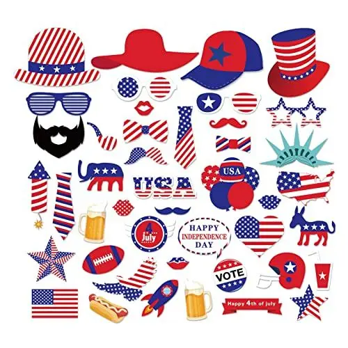 Produktbild: 44 Stück American Independence Day Photo Booth Requisiten 4. Juli Photo Booth Requisiten Kit Maske, Hut, Schnurrbart, Brille, Lippenstift Photo Booth Requisiten für den USA Labor Day Memorial Day