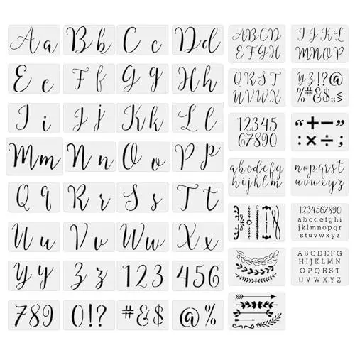 Produktbild: 45 STK Buchstaben Schablonen Set, Wiederverwendbare Schablonen Textilgestaltung Wandgestaltung, Alphabet Zeichenschablonen Buchstaben Graffiti Zahlen Schablonen Malen für DIY Malerei Holz Wand
