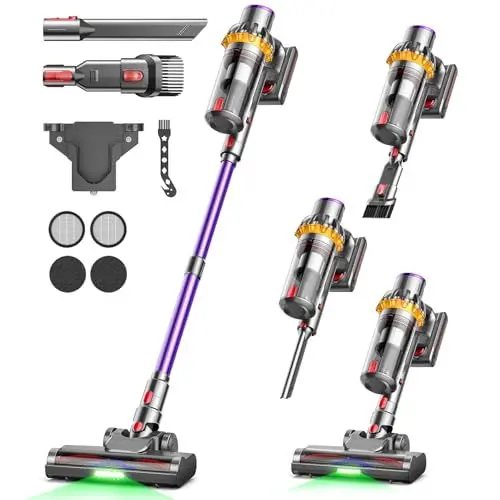Produktbild: 45000Pa Akku Staubsauger, 550W/70Min Ultraleiser Staubsauger Kabellos mit LED Display, Verbesserte V-förmige Anti-Tangle-Bodenbürste, 6-in-1 Akkustaubsauger für Tierhaare Teppich Hartboden