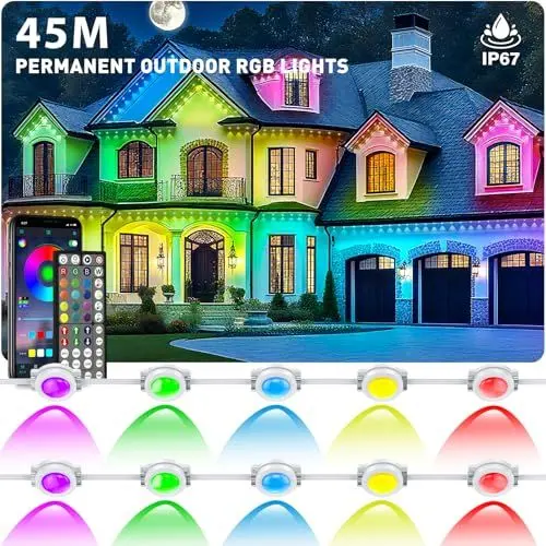 Produktbild: 45m Permanente Außenbeleuchtung,RGB Wasserdicht LED outdoor lichterkette,Dachrandbeleuchtung mit App-Steuerung und Fernbedienung,IP 67 Lichterkette außen für Weihnachtsbeleuchtung,Party Tägliche Deko