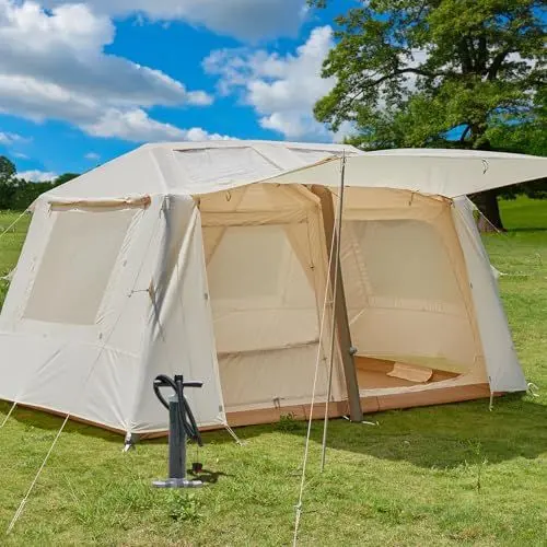 Produktbild: 5-8 Personen aufblasbares Campingzelt mit Veranda, 2 Raum Glamping Zelte Einfacher Aufbau Kuppelzelt 4 Jahreszeiten Wasserdichtes & Winddichtes Campingzelt mit Abnehmbarer Außenplane