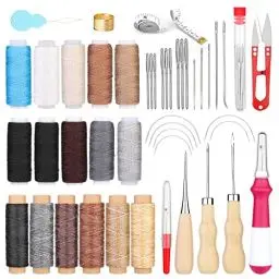 Produktbild: 46 Stücke Leder Nähen Set, Leder Werkzeuge Set mit 10 Farben Nähgarn, Wachsfaden, Ledernähnadeln, Ahle, Schere, Fingerhut und Maßband für Anfänger und Profis zum Lederhandwerk