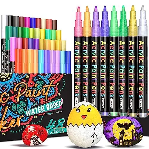 Produktbild: 48 Acrylstifte für Steine Wasserfest, Steine zum Bemalen Acrylstifte für Steine, Acryl Stifte Wasserfeste Stifte Steine Bemalen Stifte für Holz Glas Papier Keramik Kürbis Papier, Bastelset Kinder