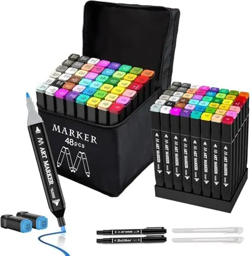Produktbild: 48 Farben Filzstifte Set - Marker Stifte Set - Marker Stifte mit Meißel und Feine Twin Tip Permanent Marker für Manga Skizzieren Kalligraphieren Zeichnen (48 Farben)