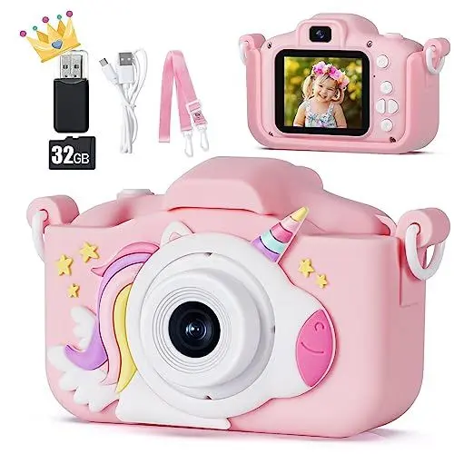 Produktbild: 48 MP Kinderkamera für Mädchen Jungen 3-12 Jahre, 1080P Digitalkamera Spielzeug Kinder Kamera, Spielzeug Geschenk für 3 4 5 6 7 8 9 10 Jahre Mädchen, 32 GB SD-Karte und Einhorn Silikonhülle (Rosa)