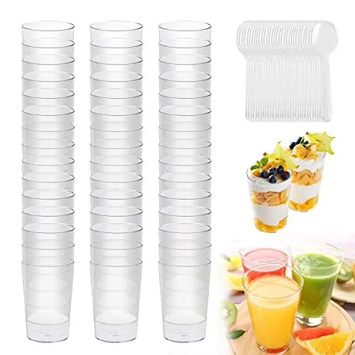 Produktbild: 48 Stücke Plastik Dessertbecher, 100ML Dessertbecher, Dessertschalen Plastik mit Löffeln, Wiederverwendbar Dessertgläser Plastik, Dessertbecher Plastik Geeignet für Kuchen Eiscreme Mousse Pudding