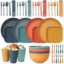 Produktbild: 48 Teiliges Unzerbrechliches Geschirr Set, Wiederverwendbar Camping für 4 Personen Plastikgeschirr Picknick Leicht Bunt Grill Kunststoff Servierteller Schüsseln Besteck