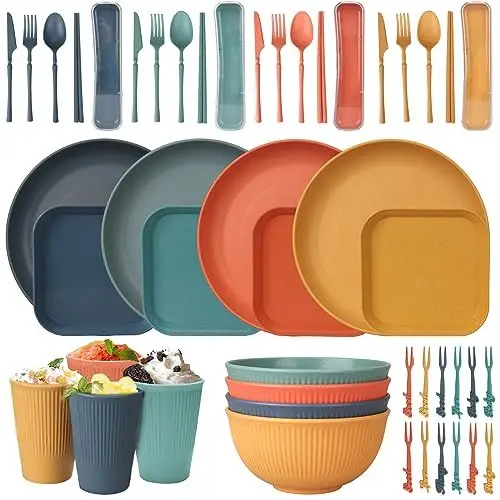 Produktbild: 48 Teiliges Unzerbrechliches Geschirr Set, Wiederverwendbar Camping für 4 Personen Plastikgeschirr Picknick Leicht Bunt Grill Kunststoff Servierteller Schüsseln Besteck