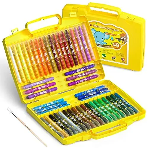 Produktbild: 48 farbige Gelmalstifte für Kleinkinder, rotierende Shuttle Art Wachsmalstifte mit 1 Pinsel, zusammenklappbarer Schachtel, für Papier, Glas zur Verwendung, für Kleinkinder, Kinder und Schüler geeignet