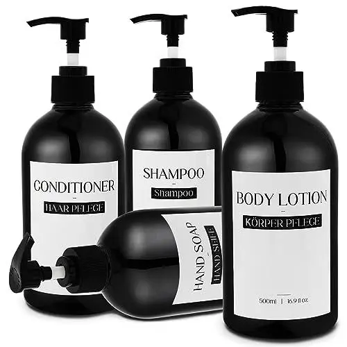 Produktbild: 4er Pack 500ml Schwarze Seifenpumpflasche, Leere Kunststofflotion, Geschirrspülmittel, Shampoo- und Conditionerflaschen, Flüssigseifenspender mit Wasserdichten Etiketten und Trichter für Badezimmer