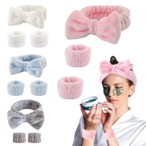 Produktbild: 4er Pack Schleifen Haarbänder Kosmetik mit 4 Paaren Make-Up Tape Handgelenk Waschband, Korallenfleece Makeup Schleife Stirnband, zum Waschen Gesicht Dusche, Yoga, Hautpflege