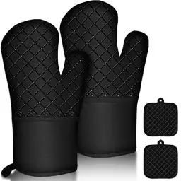 Produktbild: 4er Set Ofenhandschuhe, 300°C Topflappen & rutschfestes Silikon Lange Backhandschuhe, Kochhandschuhe Hitzebeständige, Topfhandschuhe Ofen Handschuhe für Küche, Backen,BBQ,Auflaufform und Grillen