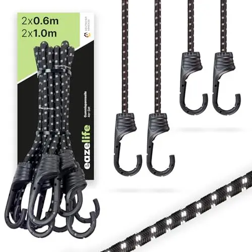 Produktbild: 4er Set Spanngummi mit Stahlkernhaken - 2X 60cm & 2X 100cm, reflektierend, stark belastbar, Metallhaken mit Beschichtung gegen Kratzer, Schwarze Expander für Auto, Fahrrad & Outdoor