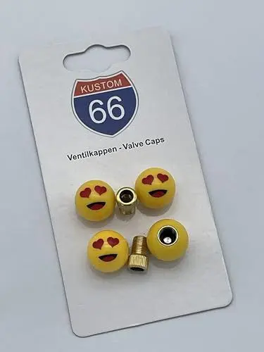 Produktbild: 4er Set Ventilkappen + 2 Fahrradadapter - Smiley Verliebt mit Herzaugen - für jedes Auto, Motorrad und Fahrrad geeignet
